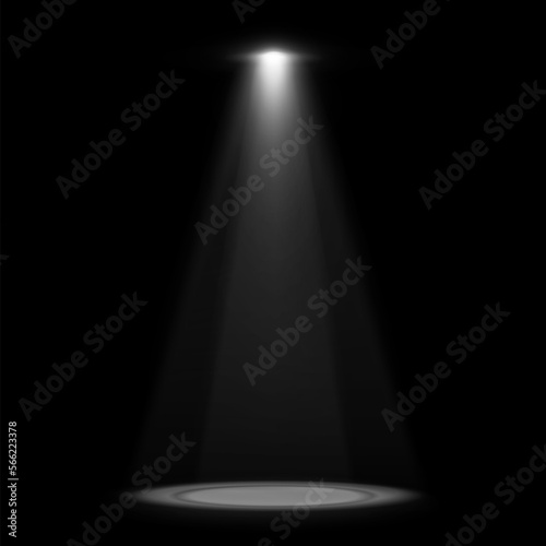 Spotlights With Stage. Round Podium And Light Rays.