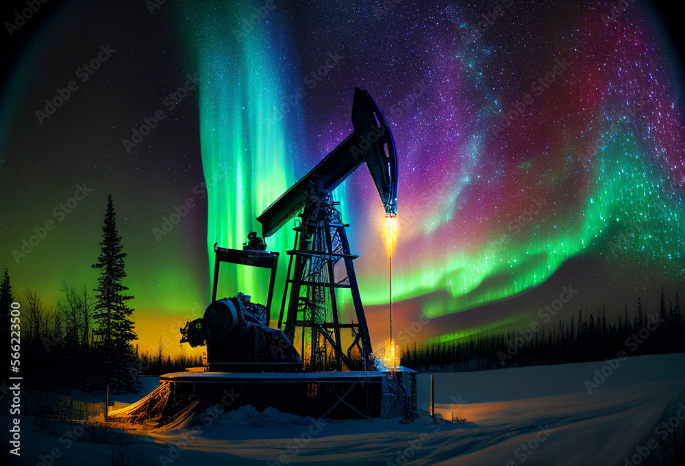 Pump jack at oilfield in aurora borealis. Crude oil Pumpjack on polar lights. Fossil oil crude outputl AI Generative. Oil drill rig, drilling derrick in polar nigh with stars sky. Global crude oil.