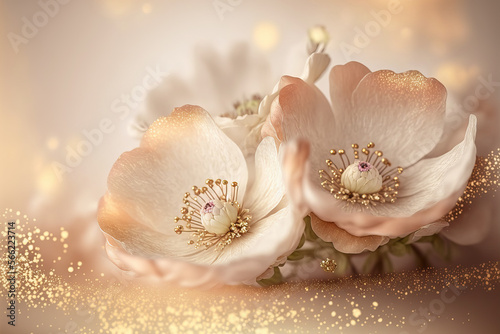 Delicate abstract floral background with golden glitter. Flowers backdrop for holiday design, wallpapers, postcards, greeting cards, wedding invitations, banners. Post-processed digital AI art