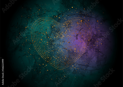 Luxury golden Valentines Day grunge background with heart and sparkling dots. Greeting card retro vector design