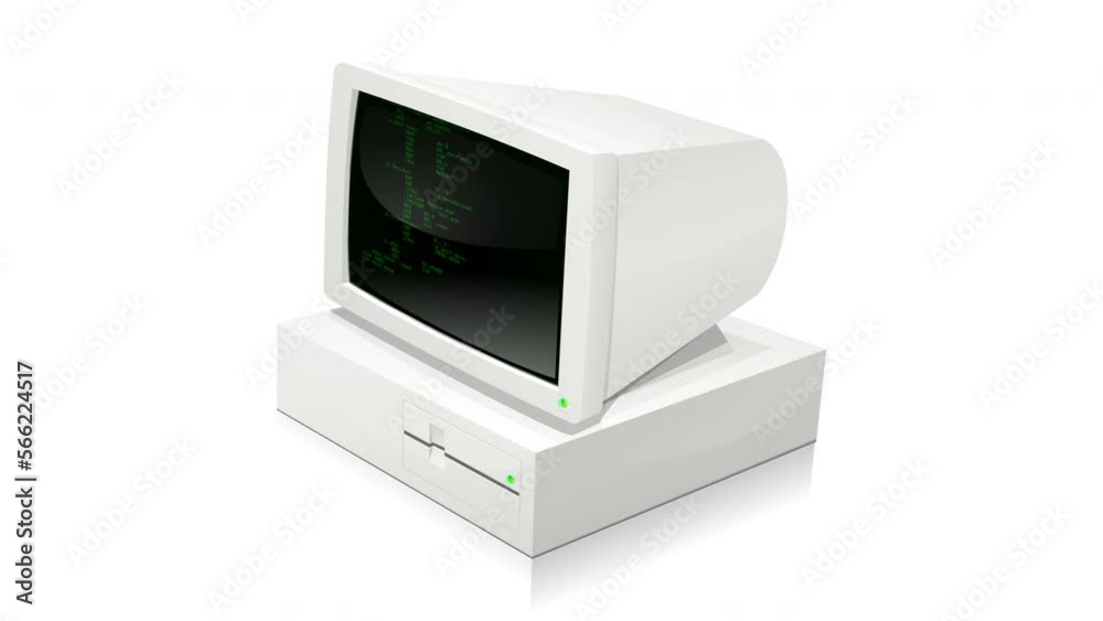 Loop animation of an 80's desktop computer with its floppy disk drive and black screen with scrolling green lines of code isolated on a white background Loop animation of an 80's desktop computer with its floppy disk drive and black screen with scrolling green lines of code isolated on a white background
