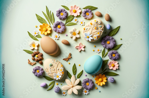 Easter background with Easter eggs and spring flowers. Top view with copy space.  Generative AI.