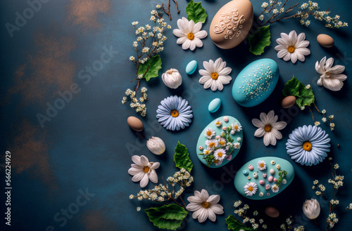 Easter background with Easter eggs and spring flowers. Top view with copy space.  Generative AI. © BunpaengArt
