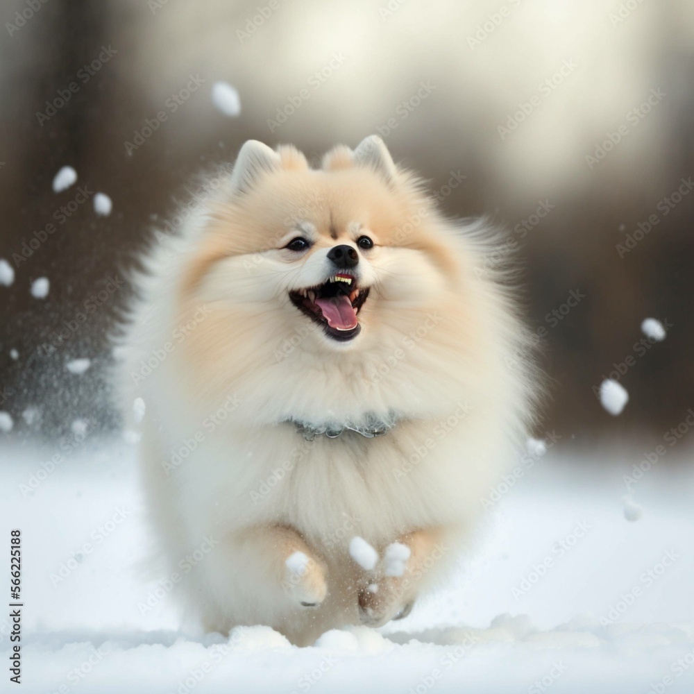 A Pomeranian running in the snow A Pomeranian running in the snow