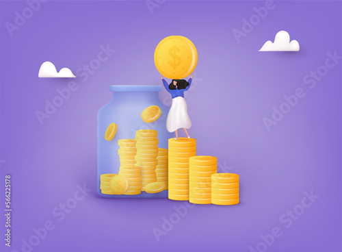 Saving dollar coin in jar. Female Character Collect Golden Coins into Huge Glass Jar. Make Savings, Collecting Money in Account, Open Bank Deposit. 3D Web Vector Illustrations.