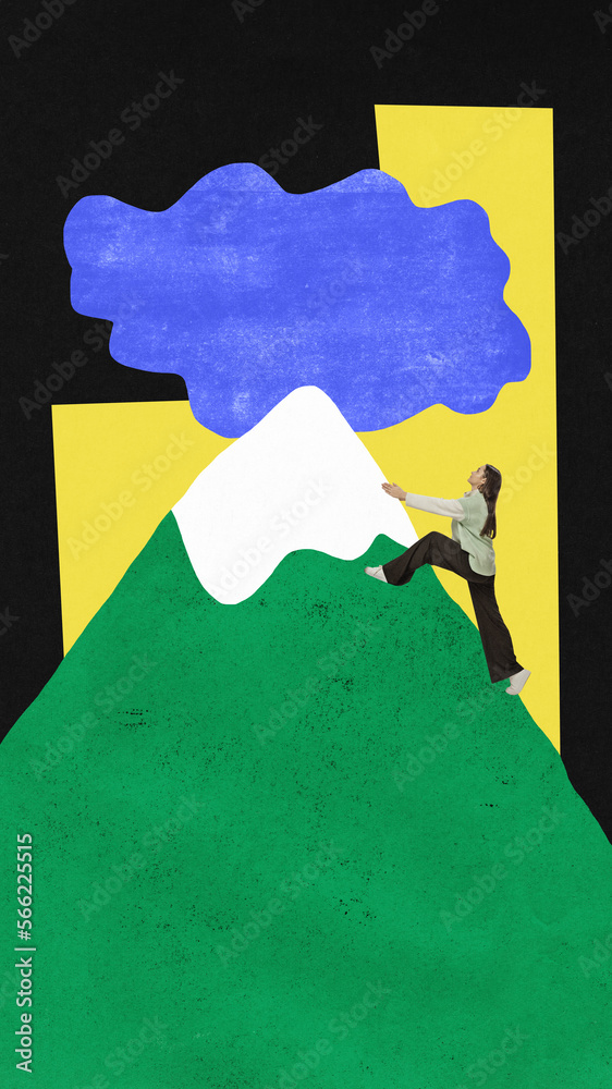 Fototapeta premium Young girl climbing on drawn mountain. Contemporary art collage. Concept of teamwork, success, business, goal, target, career, job, professional growth