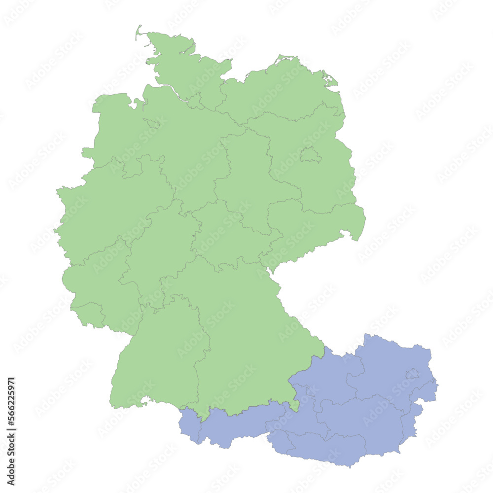 High quality political map of Germany and Austria with borders of the regions or provinces