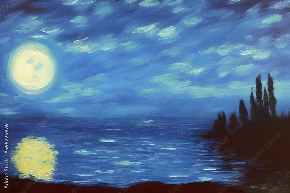 Oil painting of the night sky with a bright large full moon reflecting beautifully onto the lake and a forest of trees on shore of the lake, made with generative ai