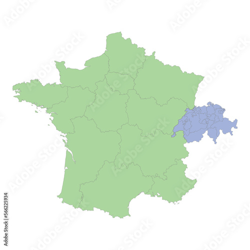 High quality political map of France and Switzerland with borders of the regions or provinces