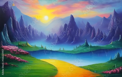 Oil Painting of a path that leads through a magical landscape straight out of a fairty tale with mystical mountains stretching into the distance, made with generative ai photo