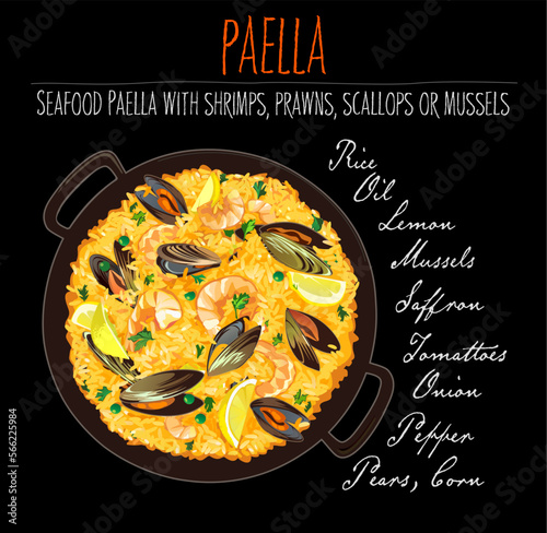 Paella vector illustration. Spanish Mediterranean Paella Recipe and ingredients, sea food.