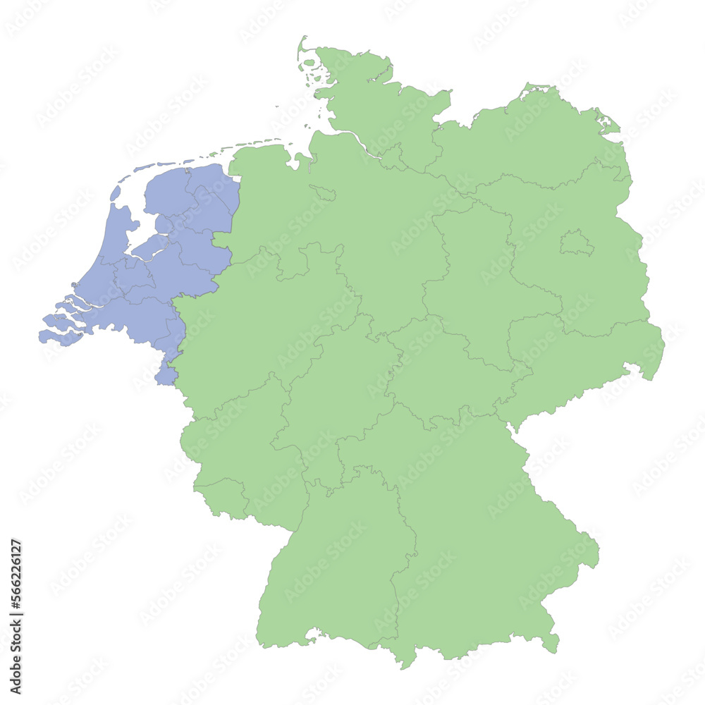 High quality political map of Germany and Netherlands with borders of the regions or provinces.