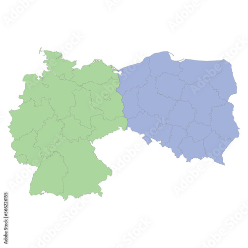 High quality political map of Germany and Poland with borders of the regions or provinces
