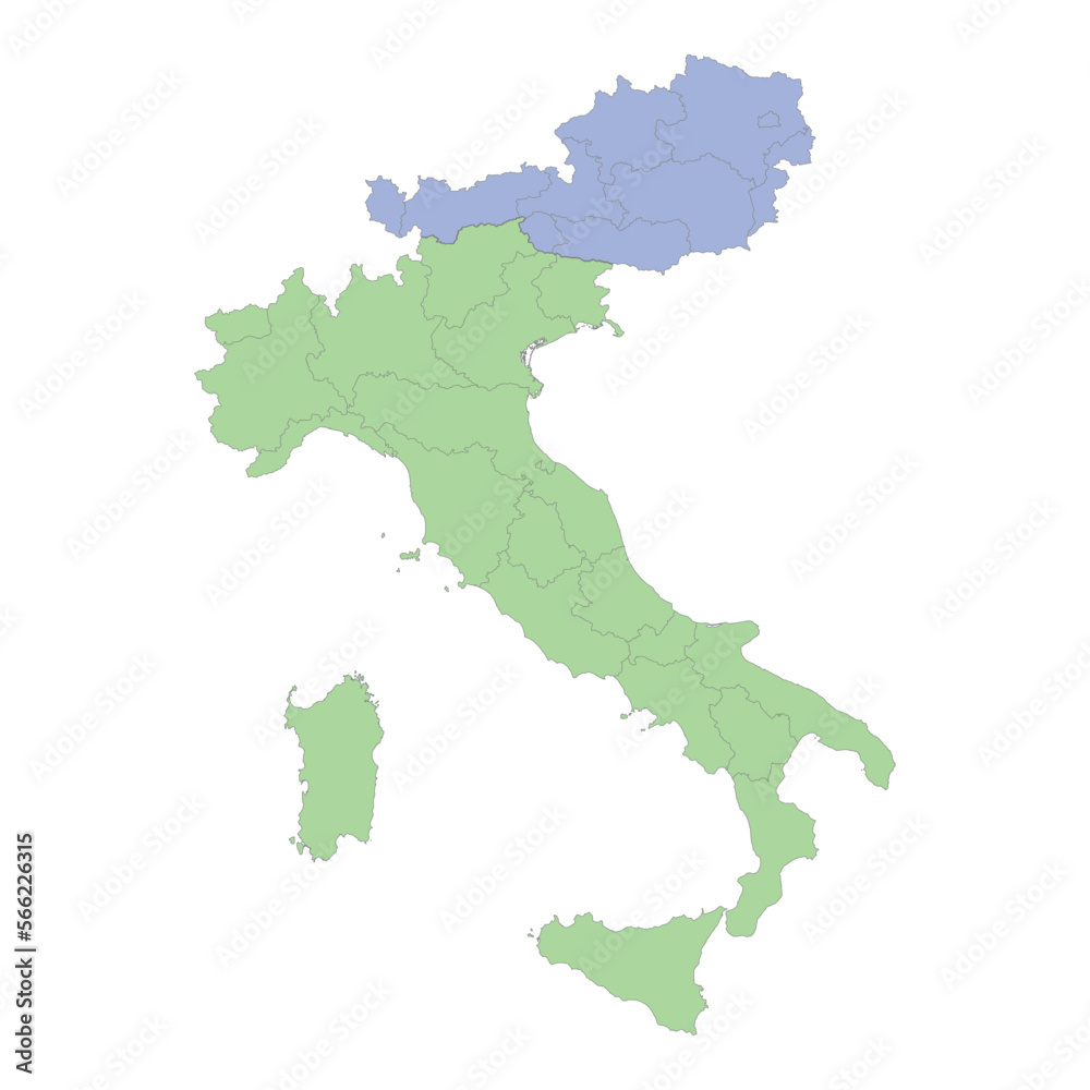 High quality political map of Italy and Austria with borders of the regions or provinces