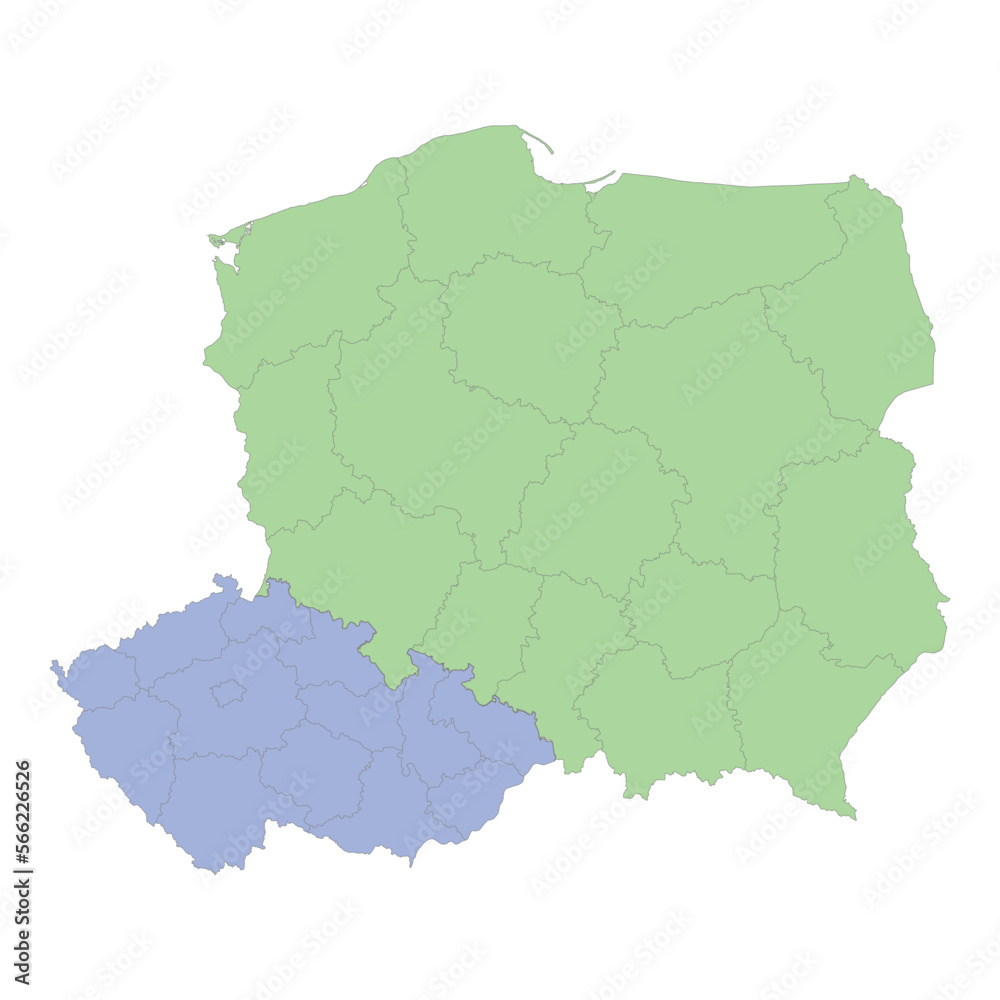 High quality political map of Poland and Czech republic with borders of the regions or provinces.