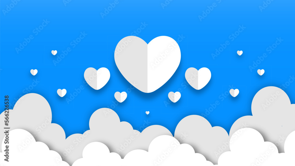 Hearts on blue background, White hearts and clouds isolated on blue background. happy Valentine's day background banner design. vector illustration