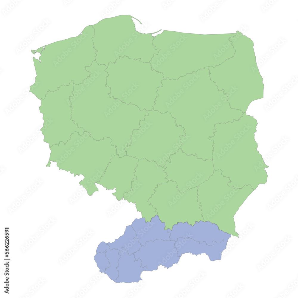 High quality political map of Poland and Slovakia with borders of the regions or provinces. High quality political map of Poland and Slovakia with borders of the regions or provinces.