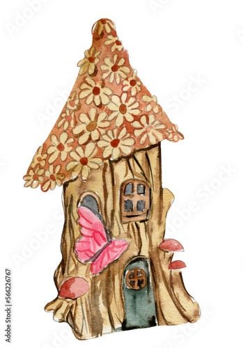 Watercolor cartoon house with wooden door for fairy. Cute hand painted fairy tale illustration for greeting cards, prints, post cards and souvenirs. Illustartion isilated on white background.