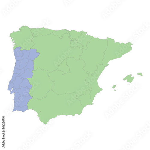 High quality political map of Spain and Portugal with borders of the regions or provinces