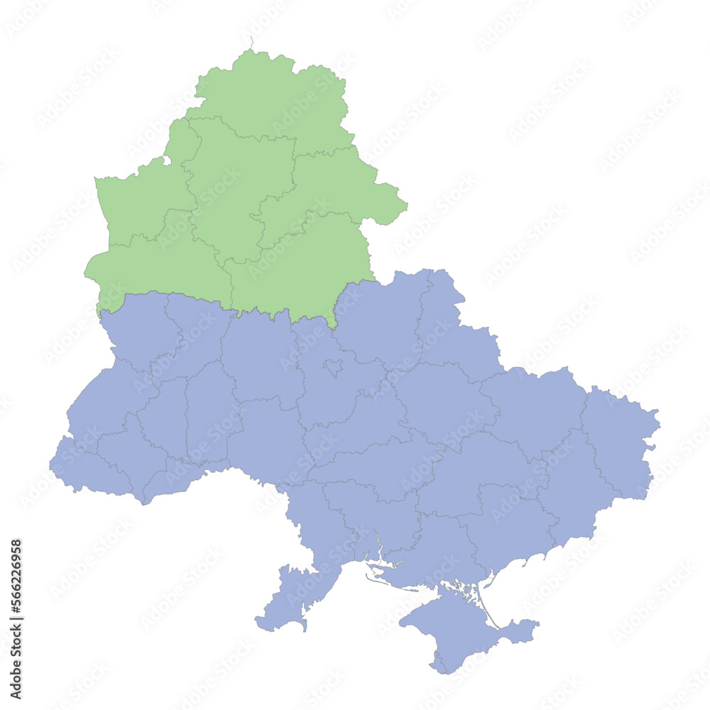 High quality political map of Ukraine and Belarus with borders of the regions or provinces.
