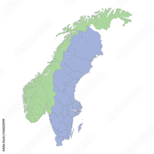 High quality political map of Sweden and Norway with borders of the regions or provinces.