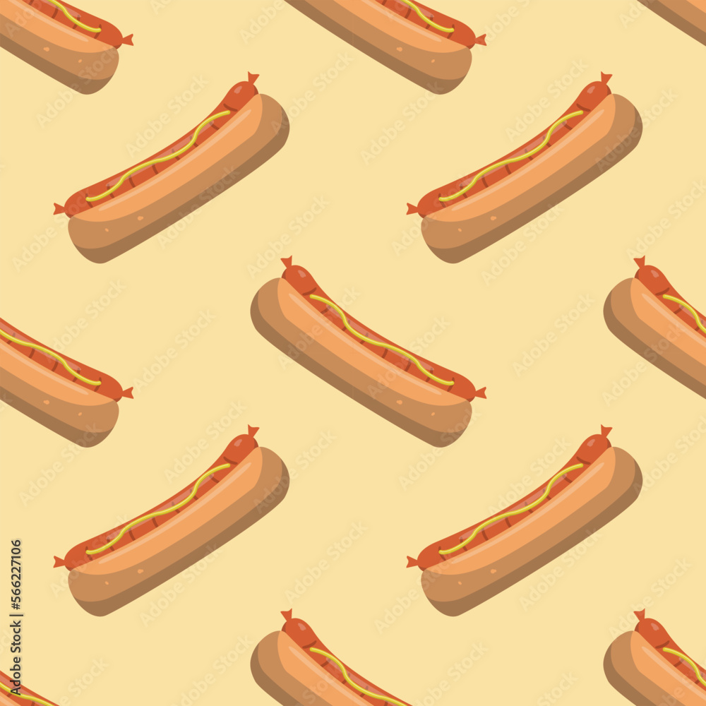 Hot dogs with sausage and mustard sauce seamless pattern on a colored background. Vector flat illustration. Design for wallpaper, textiles, and backdrop. Hot dogs with sausage and mustard sauce seamless pattern on a colored background. Vector flat illustration. Design for wallpaper, textiles, and backdrop.