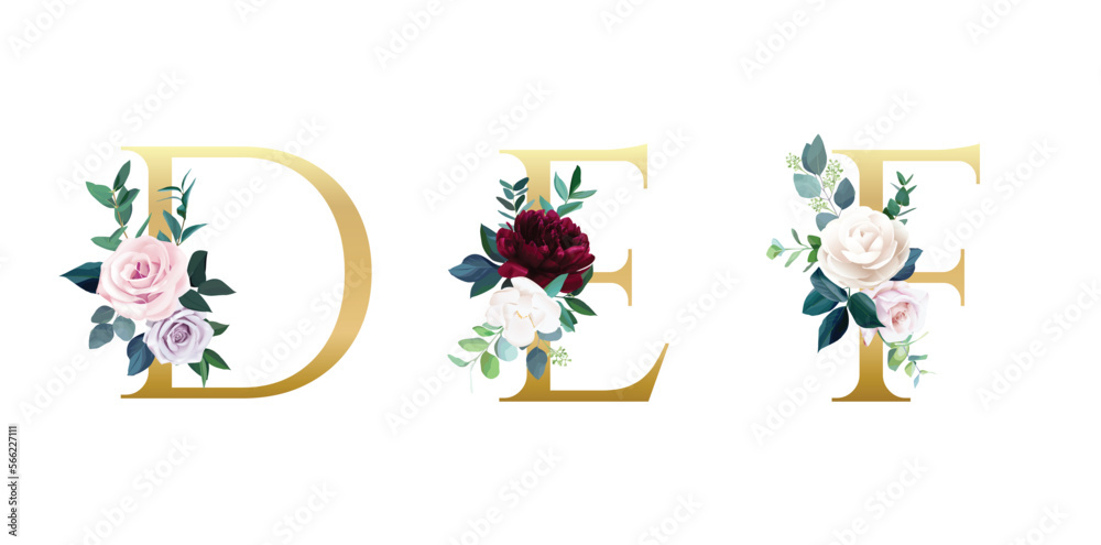 Obraz premium Vector floral alphabet set with beautiful floral and leaves decoration