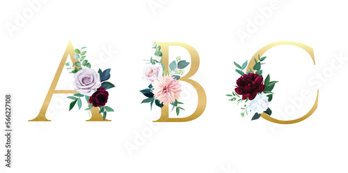 Vector floral alphabet set with beautiful floral and leaves decoration