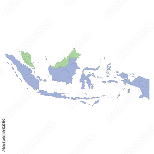 High quality political map of Indonesia and Malaysia with borders of the regions or provinces