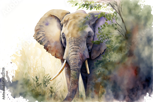 Elephant behind Tree, Generative AI, Watercolor