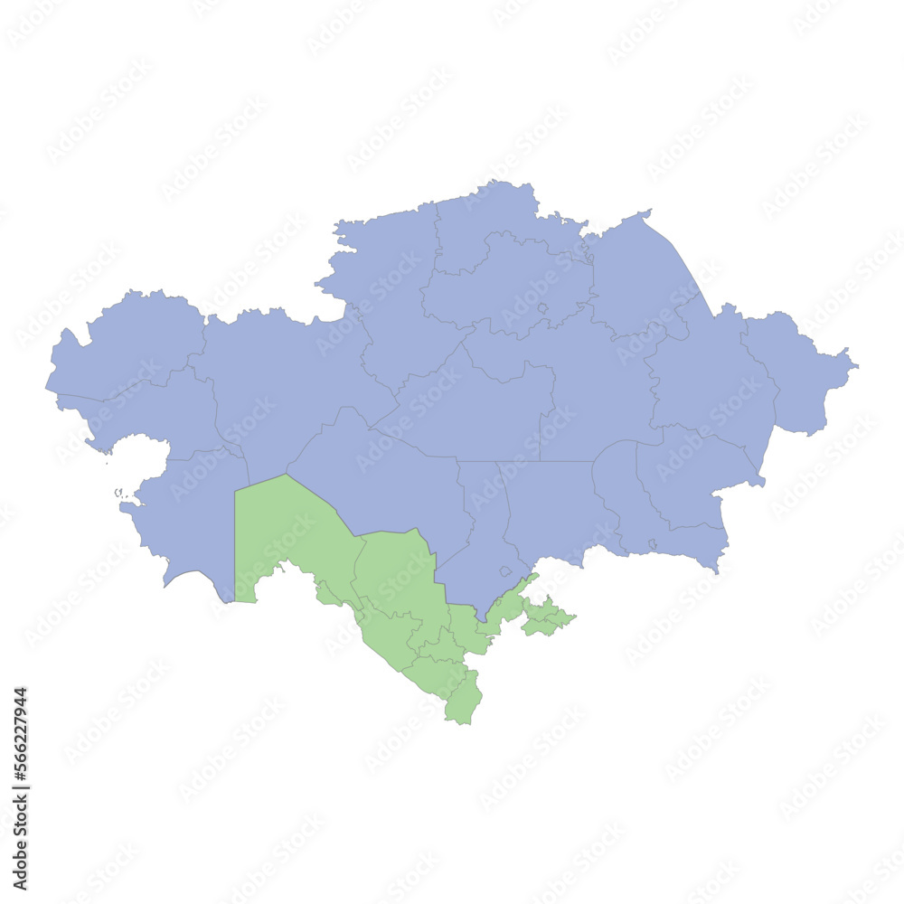 High quality political map of Kazakhstan and Uzbekistan with borders of the regions or provinces