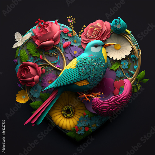 Floral romantic heart, birds and flowers. Valentines love illustration on dark background.