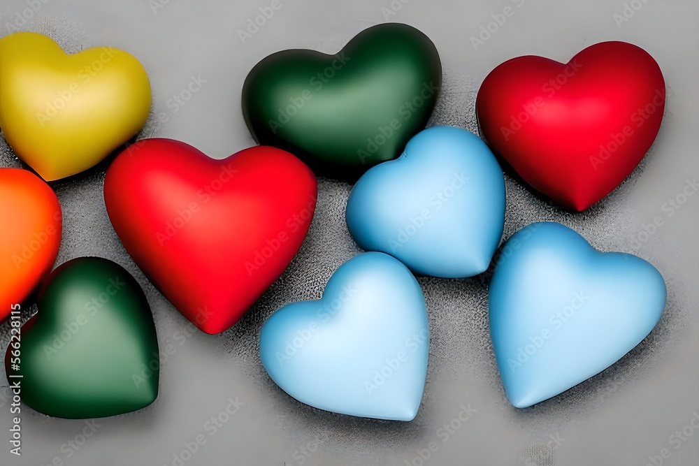 Valentine's day concept. Flat lay composition with bright colored hearts, on gray background. Generative AI technology