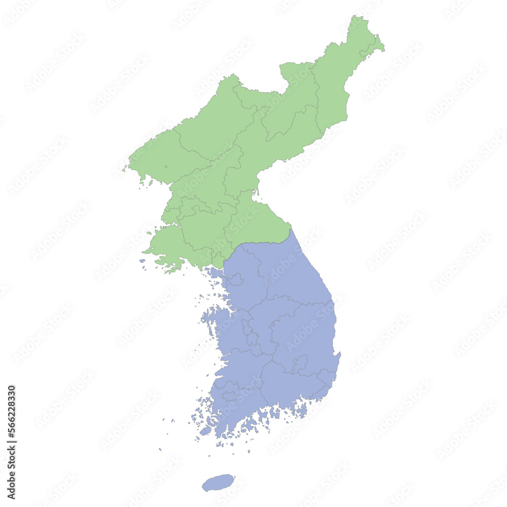 High quality political map of South Korea and North Korea with borders of the regions or provinces
