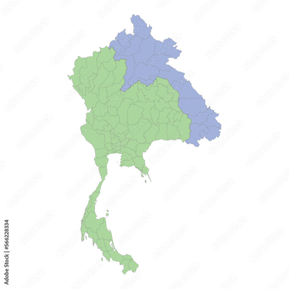 High quality political map of Thailand and Laos with borders of the regions or provinces.