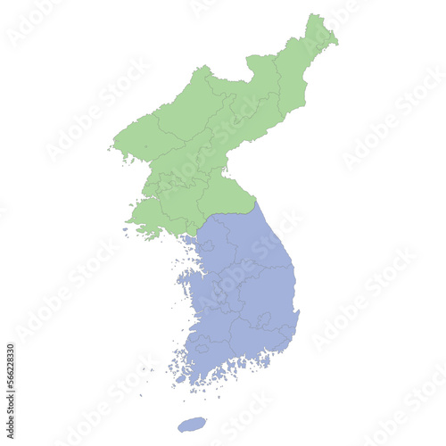 High quality political map of South Korea and North Korea with borders of the regions or provinces
