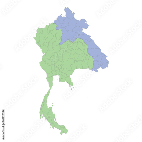 High quality political map of Thailand and Laos with borders of the regions or provinces.