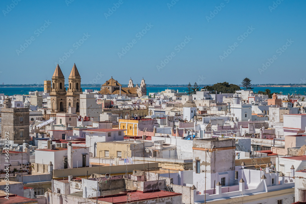 Architecture of Cádiz from a viewpoint with church towers and the sea in the background, SPAIN