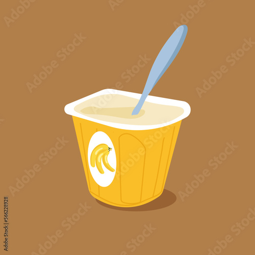 fresh baby breakfast. flavor banana yoghurt cream on cup flat design vector. fruit yogurt smooth on pot product  spoon. clean liquid food container isolated symbol mash or pudding puree dessert icon
