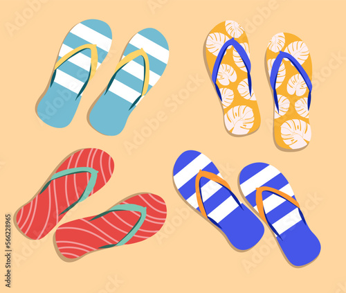 Set, collection of cute colorful flip flops with different ornaments, patterns for summer design.
