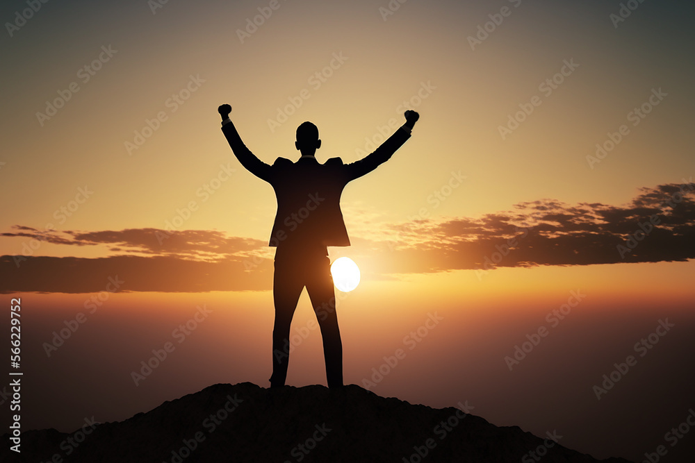 successful businessman raised his hands up on a beautiful sunset, AI digital illustration.