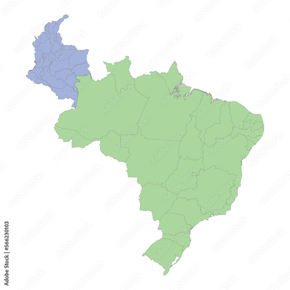 High quality political map of Brazil and Colombia with borders of the regions or provinces