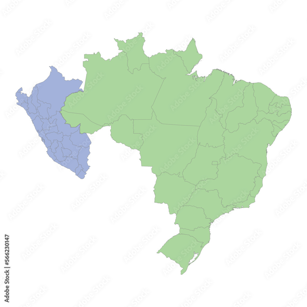 High quality political map of Brazil and Peru with borders of the regions or provinces