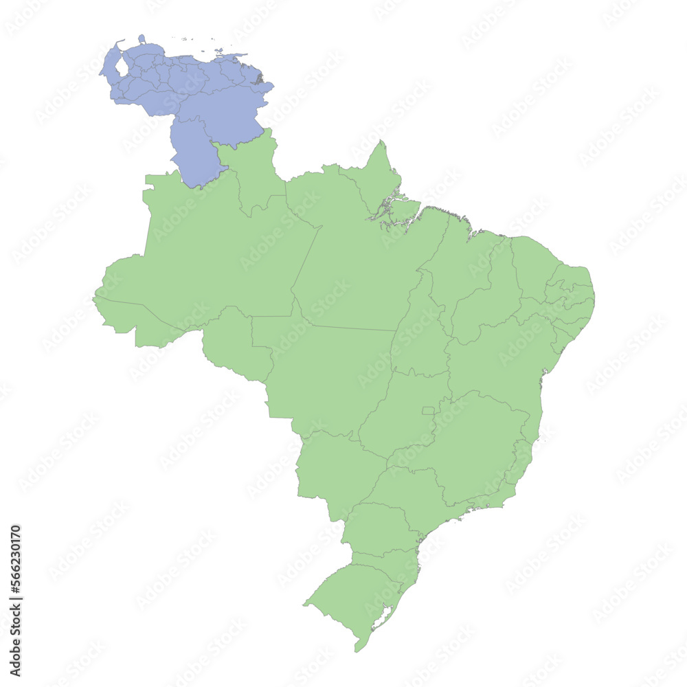 Obraz premium High quality political map of Brazil and Venezuela with borders of the regions or provinces
