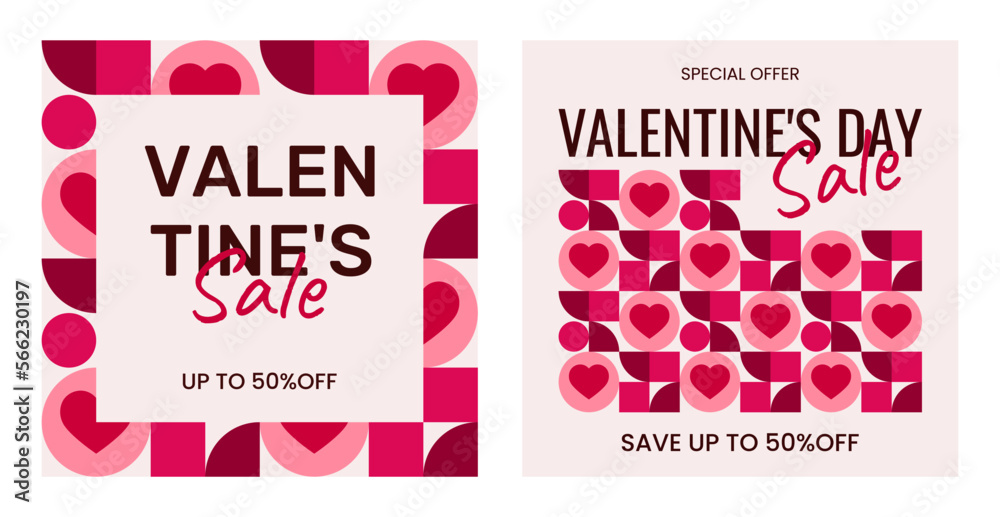 Naklejka premium Happy Valentines Day sale banner template. 50% off. Social media post design with geometric pattern and hearts 