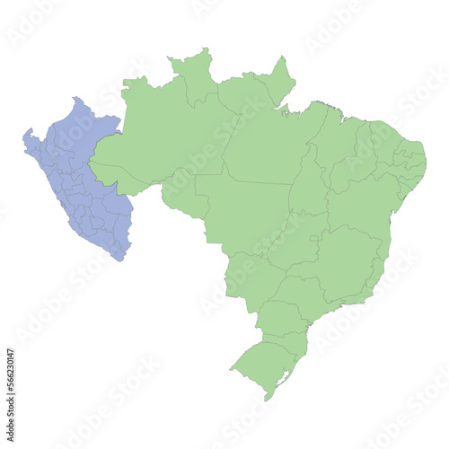 High quality political map of Brazil and Peru with borders of the regions or provinces