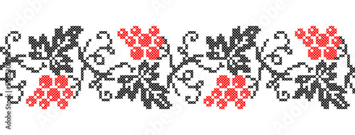 Grape branch vector background, border. Ukrainian traditional embroidery of grape border in red and black colors. Pixel art, vyshyvanka, cross stitch