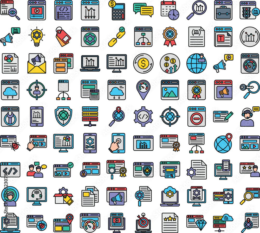 Web And SEO vector icons set, web and SEO icons set, web icons set, SEO icons set, web and SEO symbols, marketing icons set, web and SEO icons collection, Web And SEO Fill Colored icons set