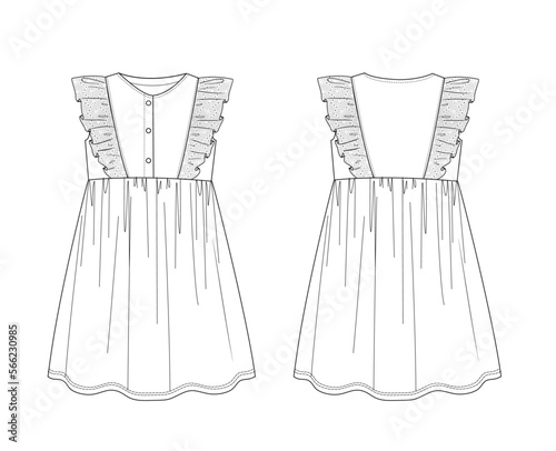 girl button front,ruffle dress technical drawing vector