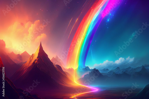 A rainbow arcing over a landscape, the vibrant colors of the spectrum captured in stunning detail, ai illustration © Dr_Microbe